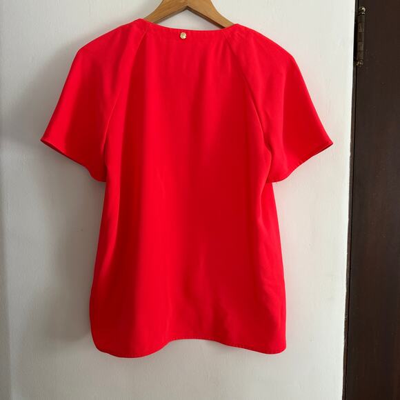 TRINA TURK | Hot Coral Split Neck Drop Hem Short Sleeve Top Neon | Size Small - Picture 2 of 8